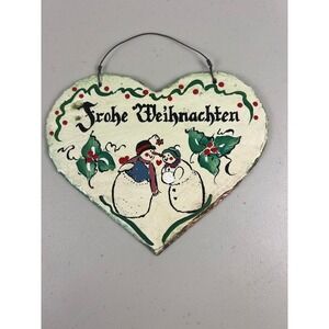 German Frohe Weihnachten Hand Painted Slate Heart Snowman Christmas Wall Decor